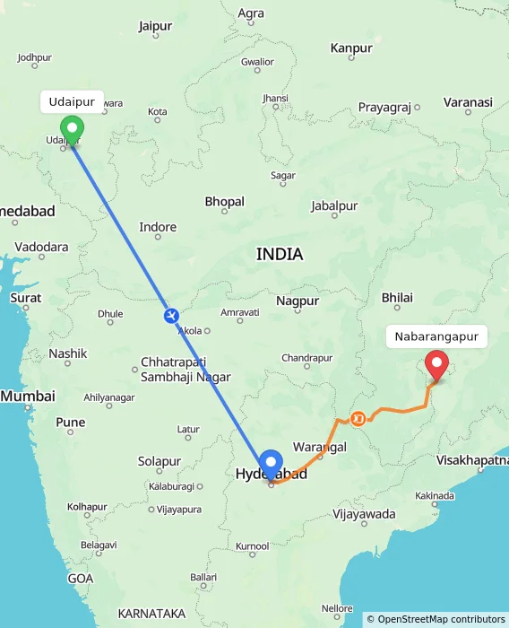 Route map showing distance and travel time from Udaipur, India to Nabarangapur, India