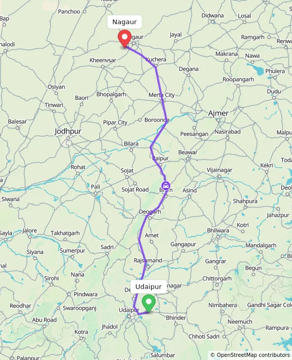 Route map showing distance and travel time from Udaipur, India to Nagaur, India