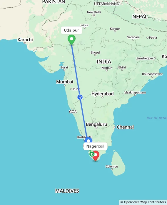 Route map showing distance and travel time from Udaipur, India to Nagercoil, India