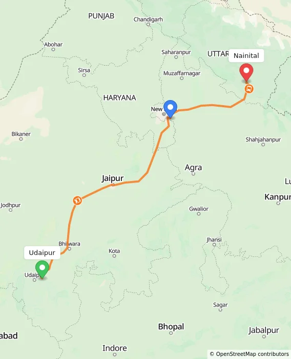 Route map showing distance and travel time from Udaipur, India to Nainital, India