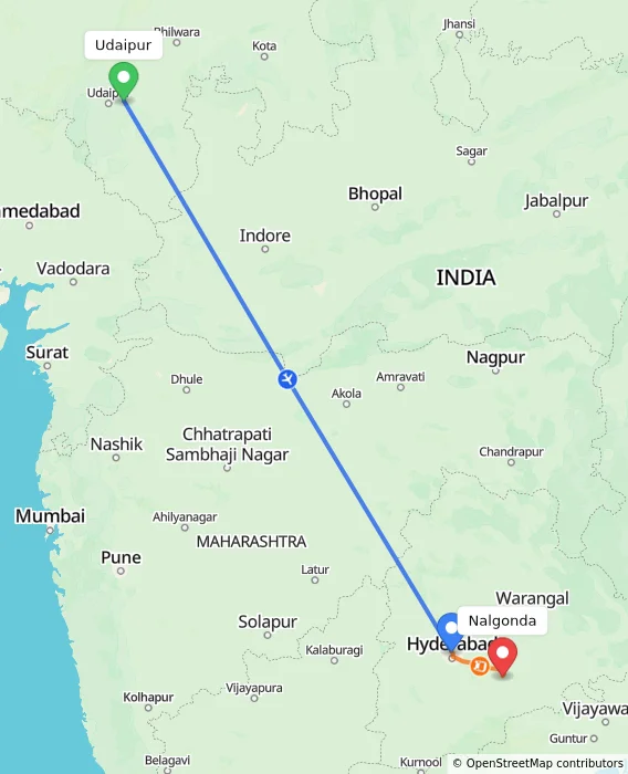 Route map showing distance and travel time from Udaipur, India to Nalgonda, India