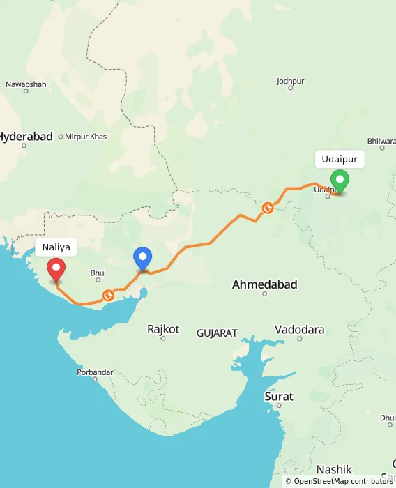 Route map showing distance and travel time from Udaipur, India to Naliya, India
