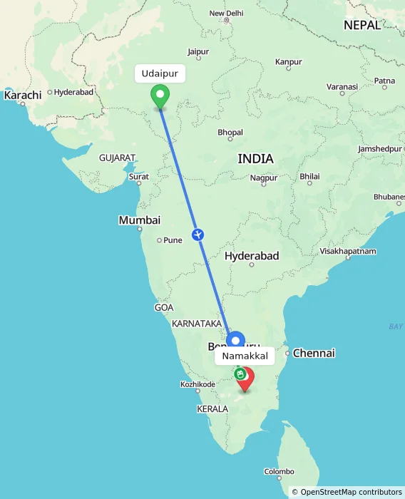 Route map showing distance and travel time from Udaipur, India to Namakkal, India