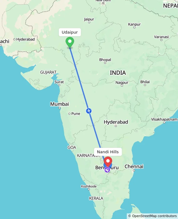 Route map showing distance and travel time from Udaipur, India to Nandi Hills, India