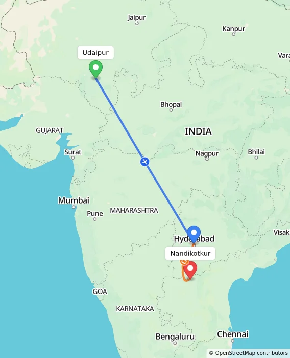 Route map showing distance and travel time from Udaipur, India to Nandikotkur, India