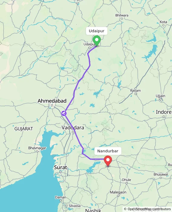 Route map showing distance and travel time from Udaipur, India to Nandurbar, India