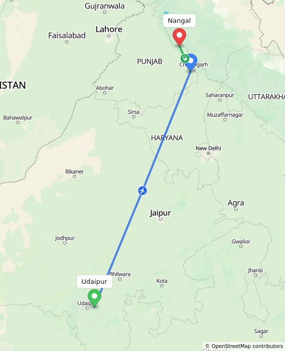 Route map showing distance and travel time from Udaipur, India to Nangal, India