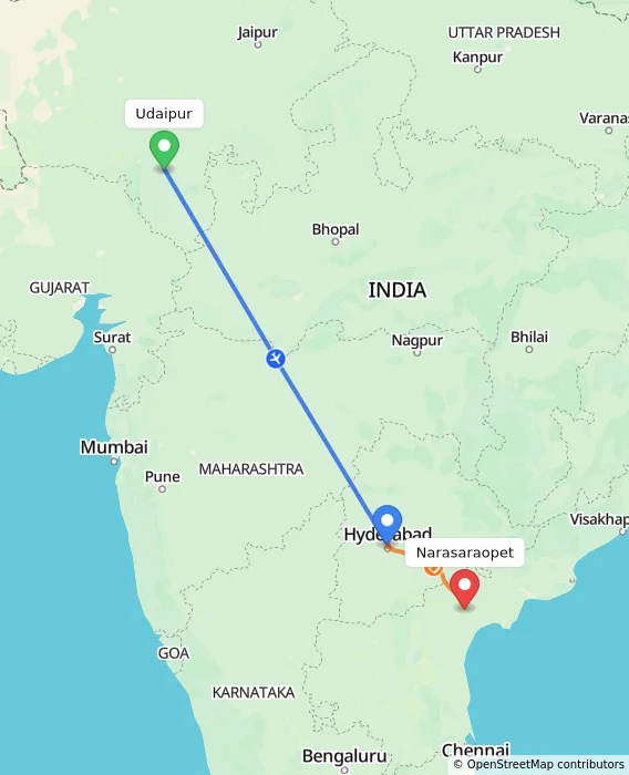 Route map showing distance and travel time from Udaipur, India to Narasaraopet, India