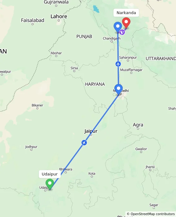 Route map showing distance and travel time from Udaipur, India to Narkanda, India