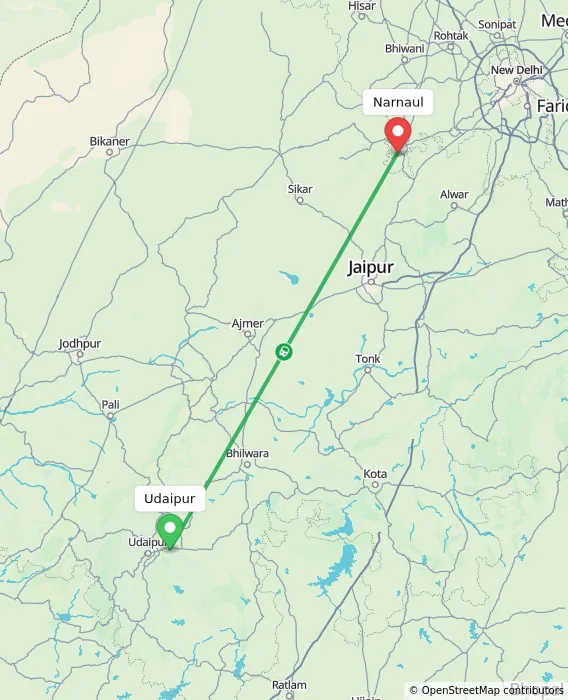 Route map showing distance and travel time from Udaipur, India to Narnaul, India