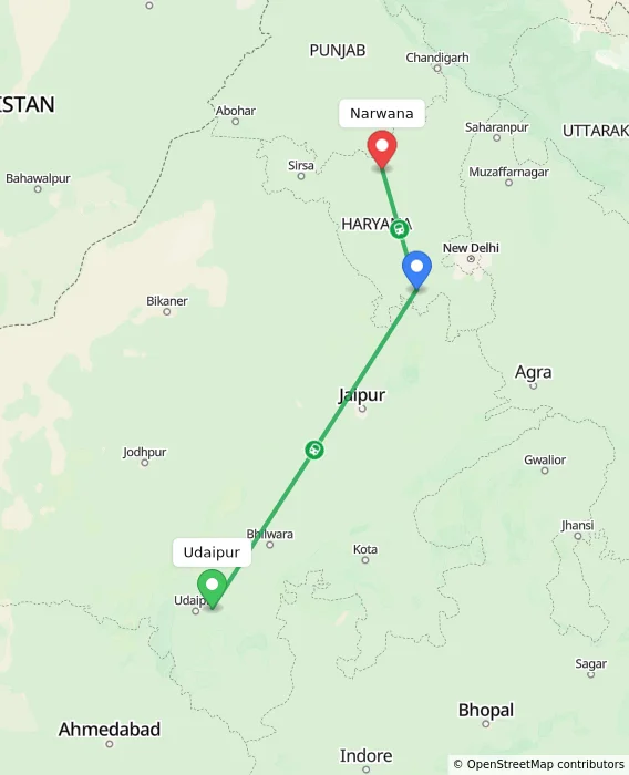 Route map showing distance and travel time from Udaipur, India to Narwana, India