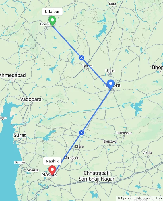 Route map showing distance and travel time from Udaipur, India to Nashik, India