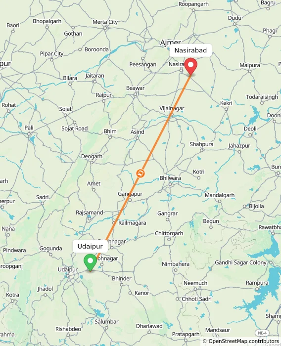 Route map showing distance and travel time from Udaipur, India to Nasirabad, India