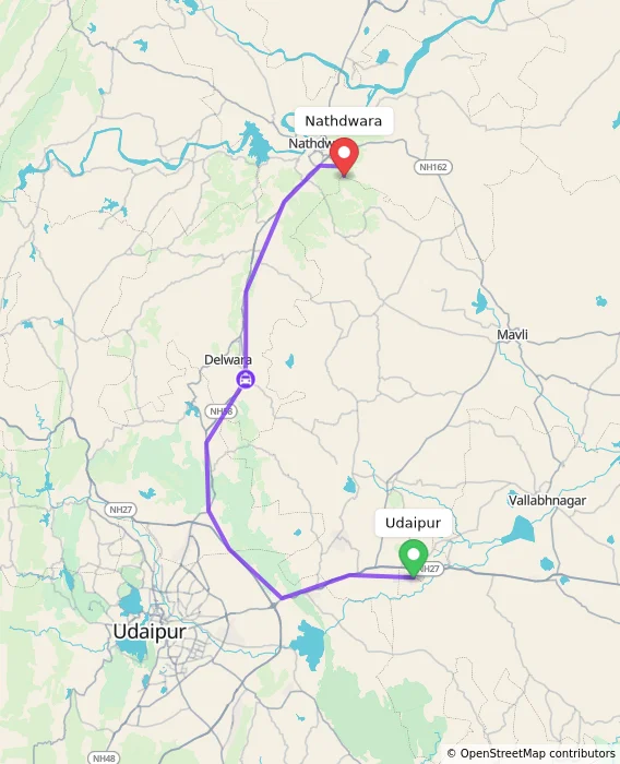 Route map showing distance and travel time from Udaipur, India to Nathdwara, India