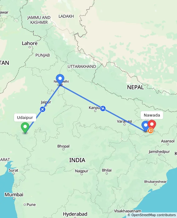 Route map showing distance and travel time from Udaipur, India to Nawada, India