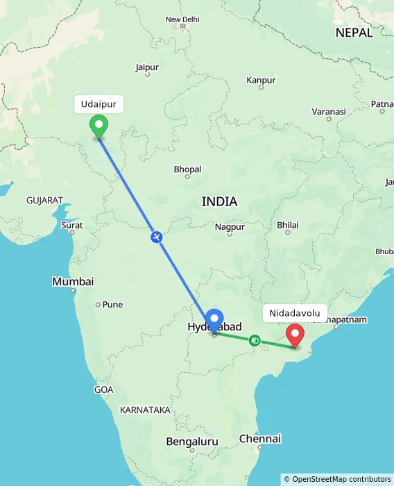 Route map showing distance and travel time from Udaipur, India to Nidadavolu, India