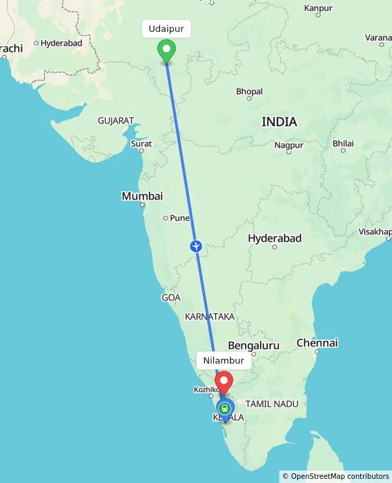 Route map showing distance and travel time from Udaipur, India to Nilambur, India