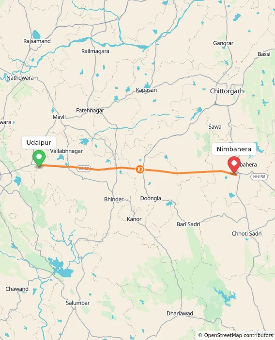Route map showing distance and travel time from Udaipur, India to Nimbahera, India