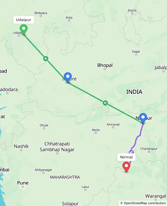 Route map showing distance and travel time from Udaipur, India to Nirmal, India