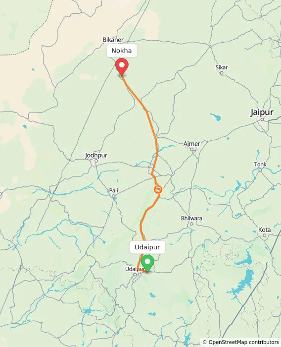 Route map showing distance and travel time from Udaipur, India to Nokha, India