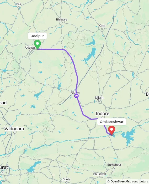 Route map showing distance and travel time from Udaipur, India to Omkareshwar, India