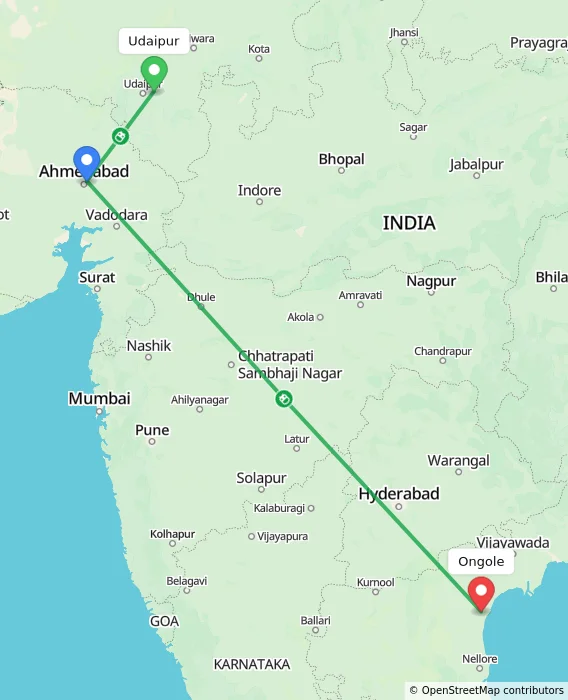 Route map showing distance and travel time from Udaipur, India to Ongole, India
