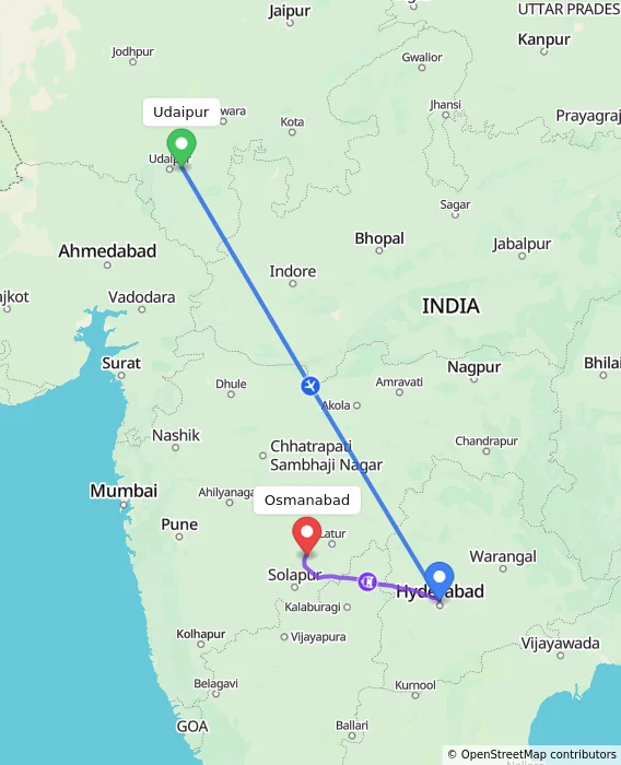 Route map showing distance and travel time from Udaipur, India to Osmanabad, India