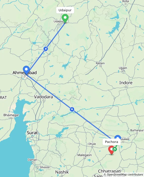 Route map showing distance and travel time from Udaipur, India to Pachora, India