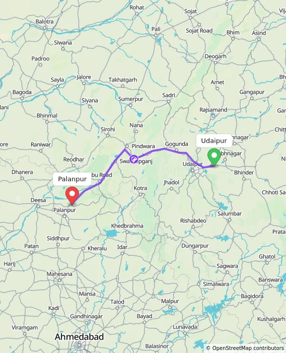 Route map showing distance and travel time from Udaipur, India to Palanpur, India
