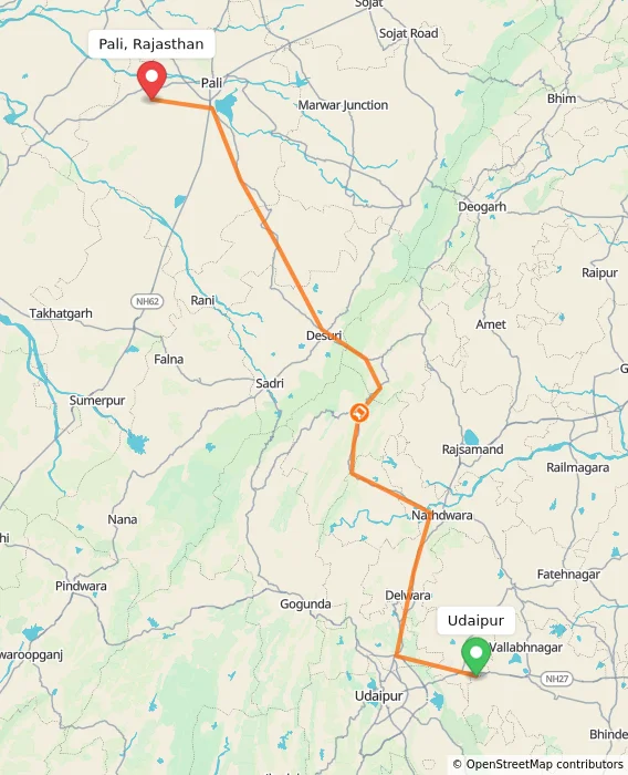 Route map showing distance and travel time from Udaipur, India to Pali, Rajasthan, India