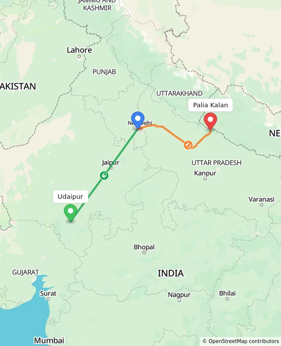 Route map showing distance and travel time from Udaipur, India to Palia Kalan, India