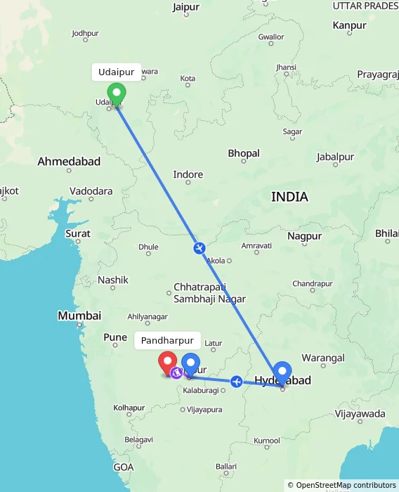 Route map showing distance and travel time from Udaipur, India to Pandharpur, India
