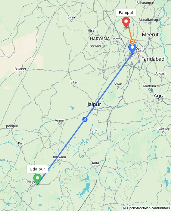 Route map showing distance and travel time from Udaipur, India to Panipat, India