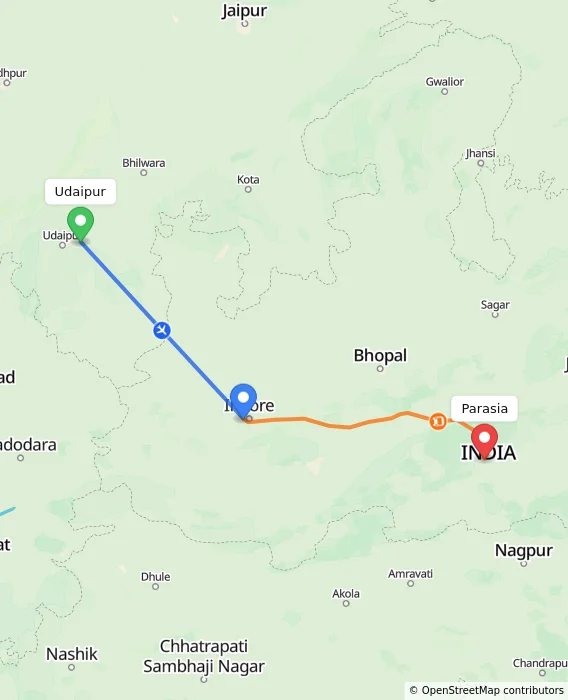 Route map showing distance and travel time from Udaipur, India to Parasia, India