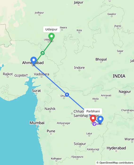 Route map showing distance and travel time from Udaipur, India to Parbhani, India