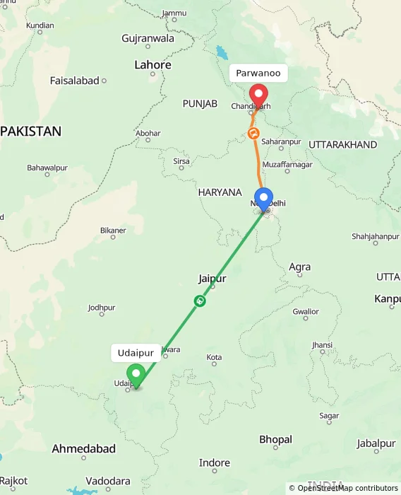 Route map showing distance and travel time from Udaipur, India to Parwanoo, India