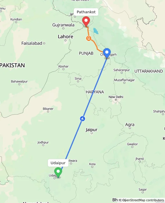 Route map showing distance and travel time from Udaipur, India to Pathankot, India