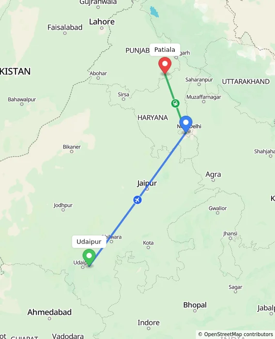Route map showing distance and travel time from Udaipur, India to Patiala, India