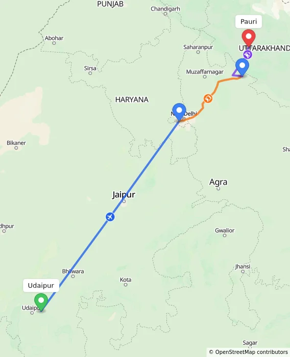 Route map showing distance and travel time from Udaipur, India to Pauri, India