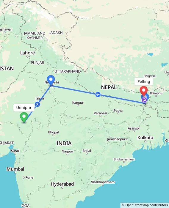 Route map showing distance and travel time from Udaipur, India to Pelling, India