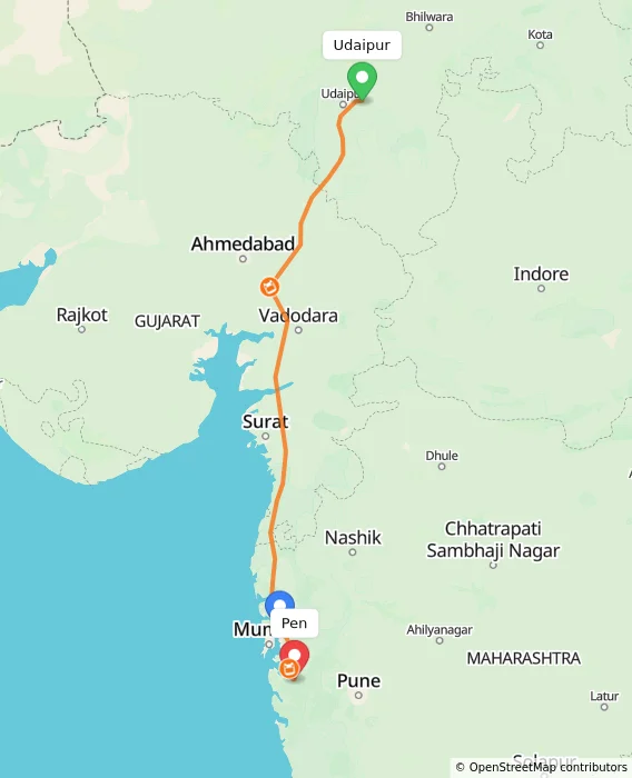 Route map showing distance and travel time from Udaipur, India to Pen, India