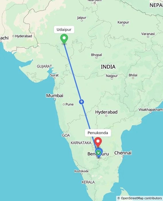 Route map showing distance and travel time from Udaipur, India to Penukonda, India