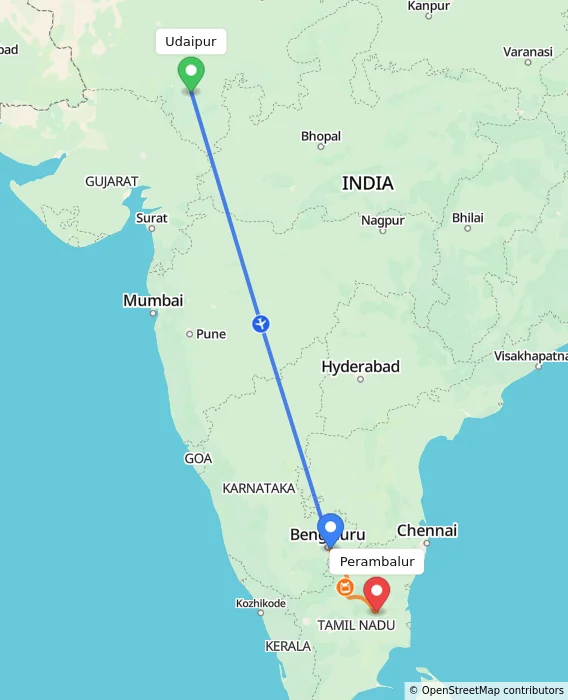 Route map showing distance and travel time from Udaipur, India to Perambalur, India