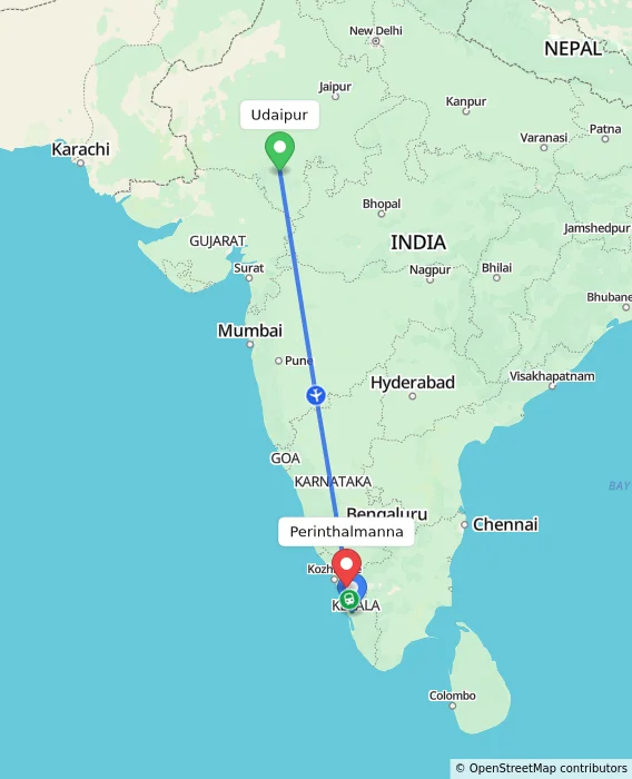 Route map showing distance and travel time from Udaipur, India to Perinthalmanna, India