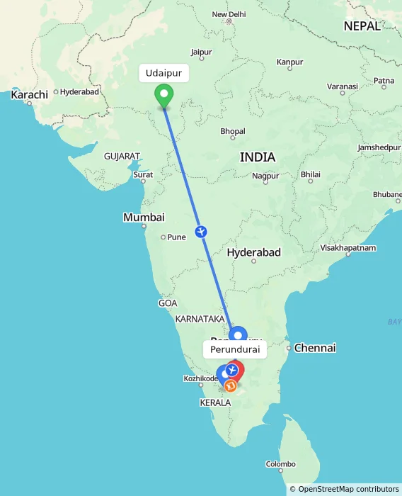 Route map showing distance and travel time from Udaipur, India to Perundurai, India