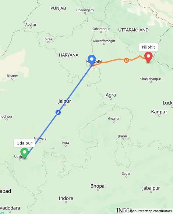 Route map showing distance and travel time from Udaipur, India to Pilibhit, India