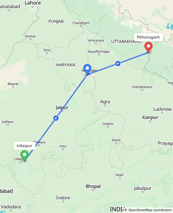 Route map showing distance and travel time from Udaipur, India to Pithoragarh, India
