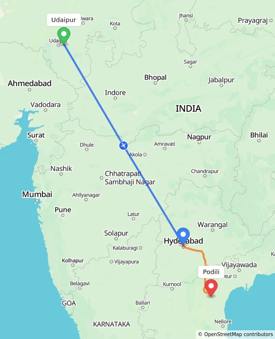 Route map showing distance and travel time from Udaipur, India to Podili, India