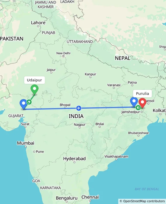 Route map showing distance and travel time from Udaipur, India to Purulia, India