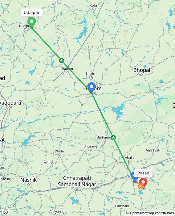 Route map showing distance and travel time from Udaipur, India to Pusad, India